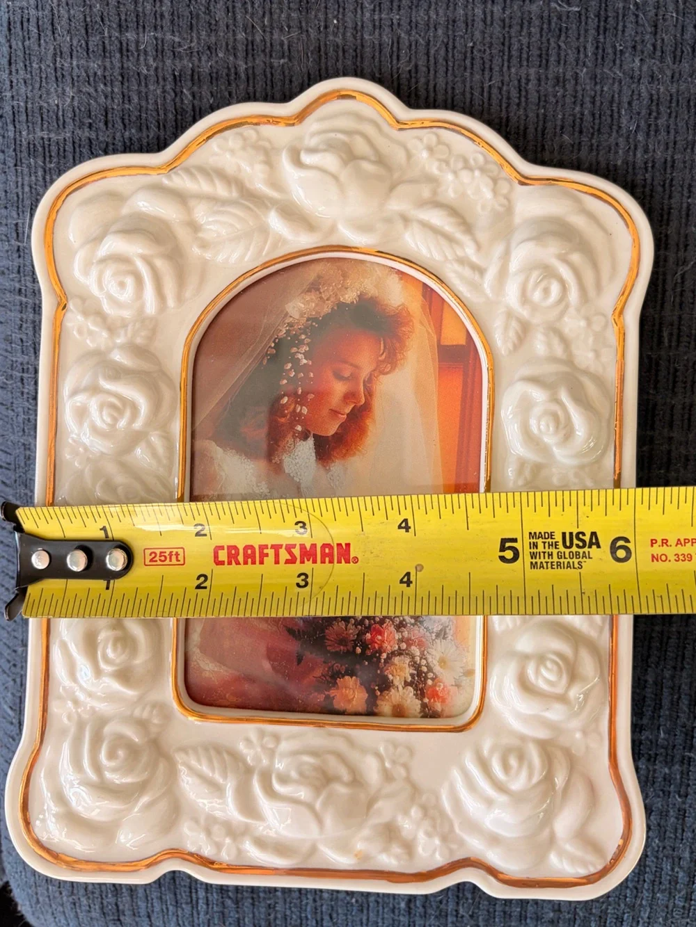 Cream Ceramic Rose Picture Frame with Gold Trim Vintage Piece
